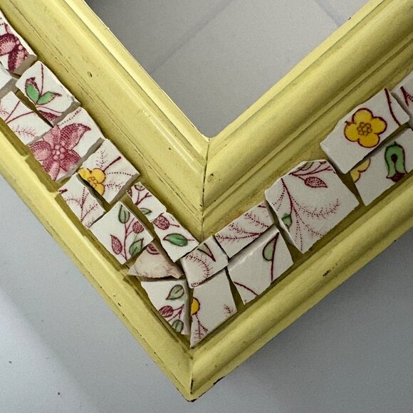 Mosaic Yellow Mirror Handcrafted Floral Tile Frame Shabby Chic Wall Decor VTG - Picture 6 of 8